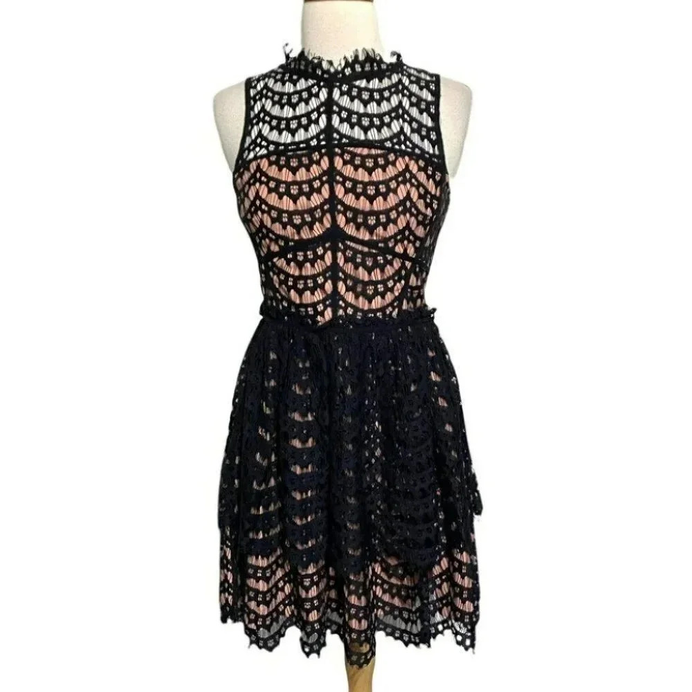Adelyn Rae Lace Fit & Flare Dress XS Black Pink Sleeveless High Neck Mini‎